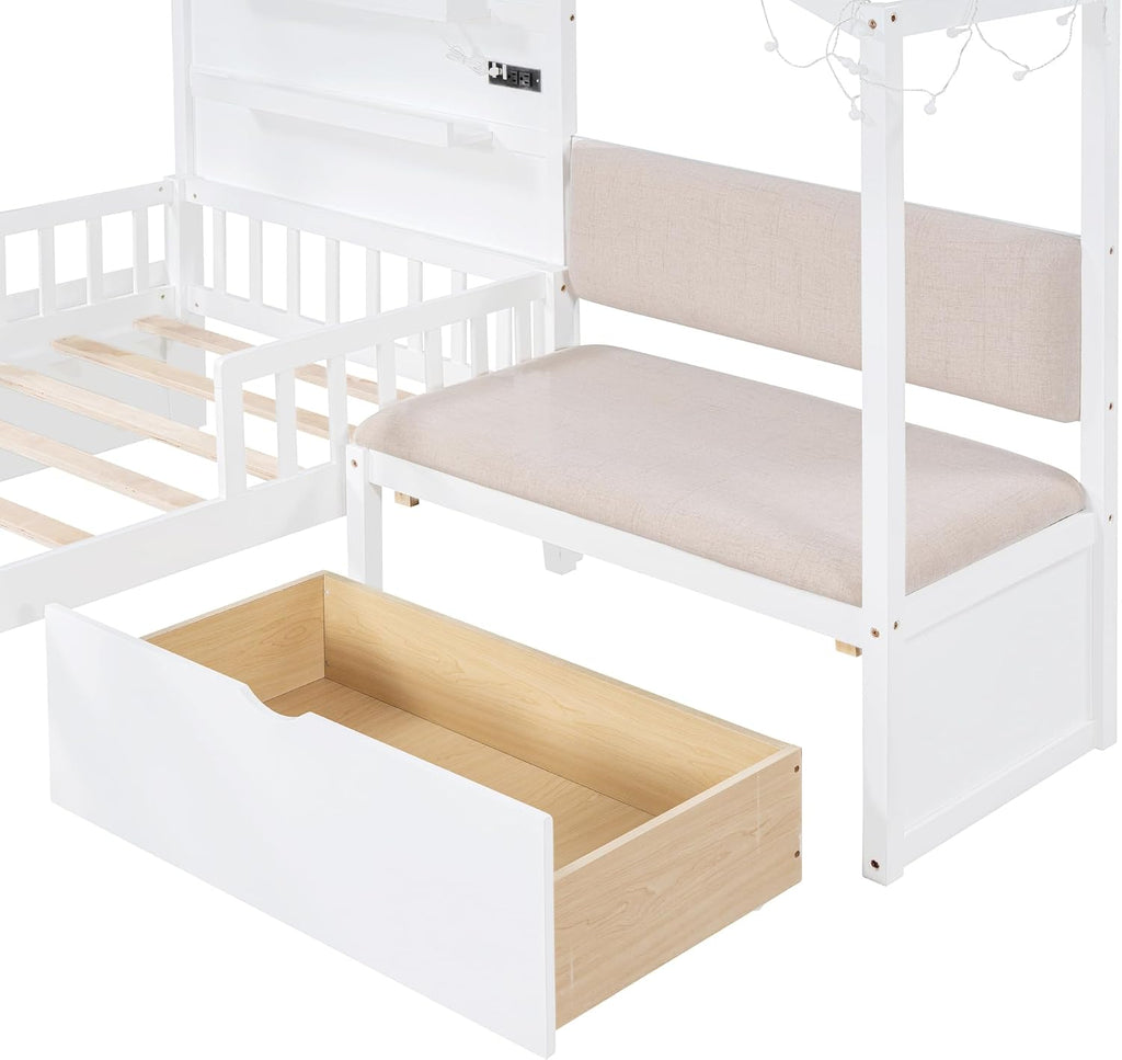 Twin Size House Bed with Upholstered Sofa and Safety Fence for Kids Boys Girls, Versatility Solid Wood Kids Platform Bed with Charging Station, Wireless Charging, Shelves and 2 Drawers (White-G1)