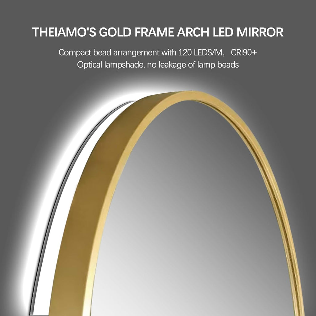 Arched LED Bathroom Mirror, 40'x24' Arch Backlit Mirror with Light Vanity Mirror for Wall Gold Frame, Anti-Fog, 3 Colors, Dimmable, Adjustable Brightness, Memory Function, IP65 Waterproof, Vertical