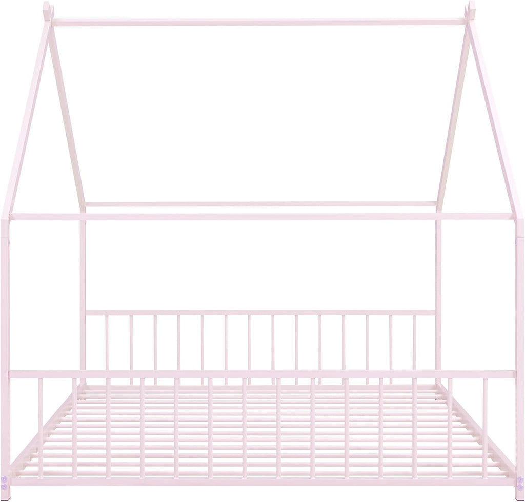 Bellemave Full Floor BedFrame with Slats for Kids, Metal Montessori Floor Beds, Full House Bed for Kids, Pink with roof