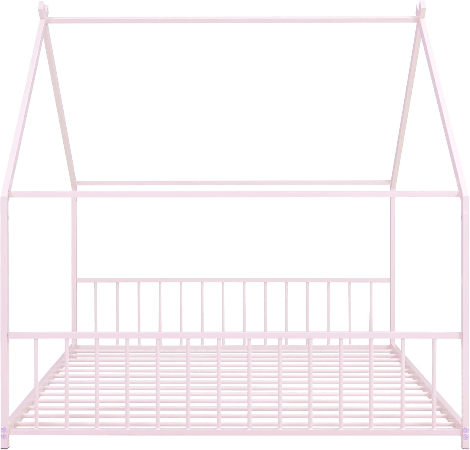 Bellemave Full Floor BedFrame with Slats for Kids, Metal Montessori Floor Beds, Full House Bed for Kids, Pink with roof