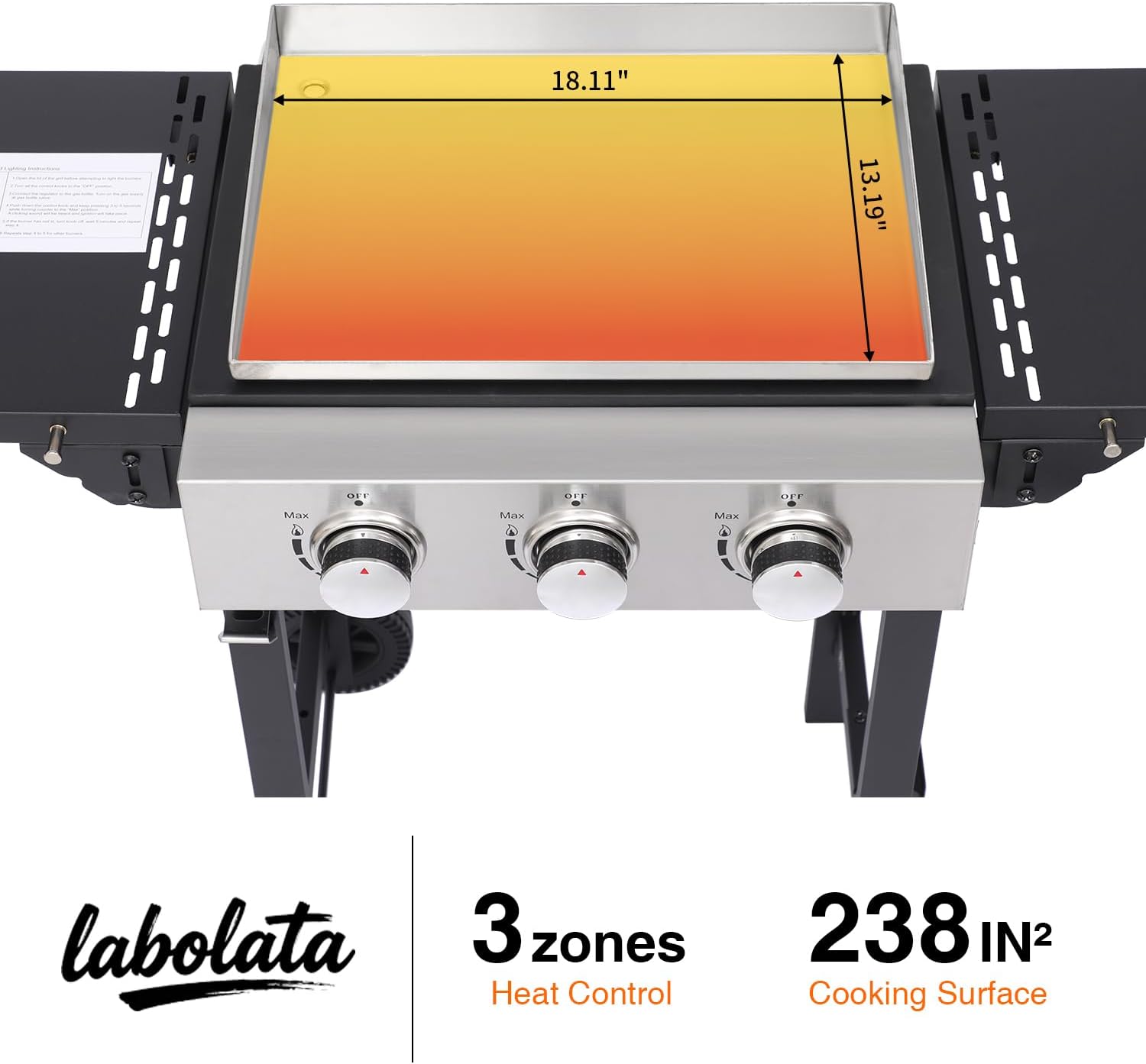 Flat Top Gas Griddle Grill with Stainless Steel Griddle, Includes Dust Cover & Regulator, Perfect for Camping & Tailgating (3-Burner)