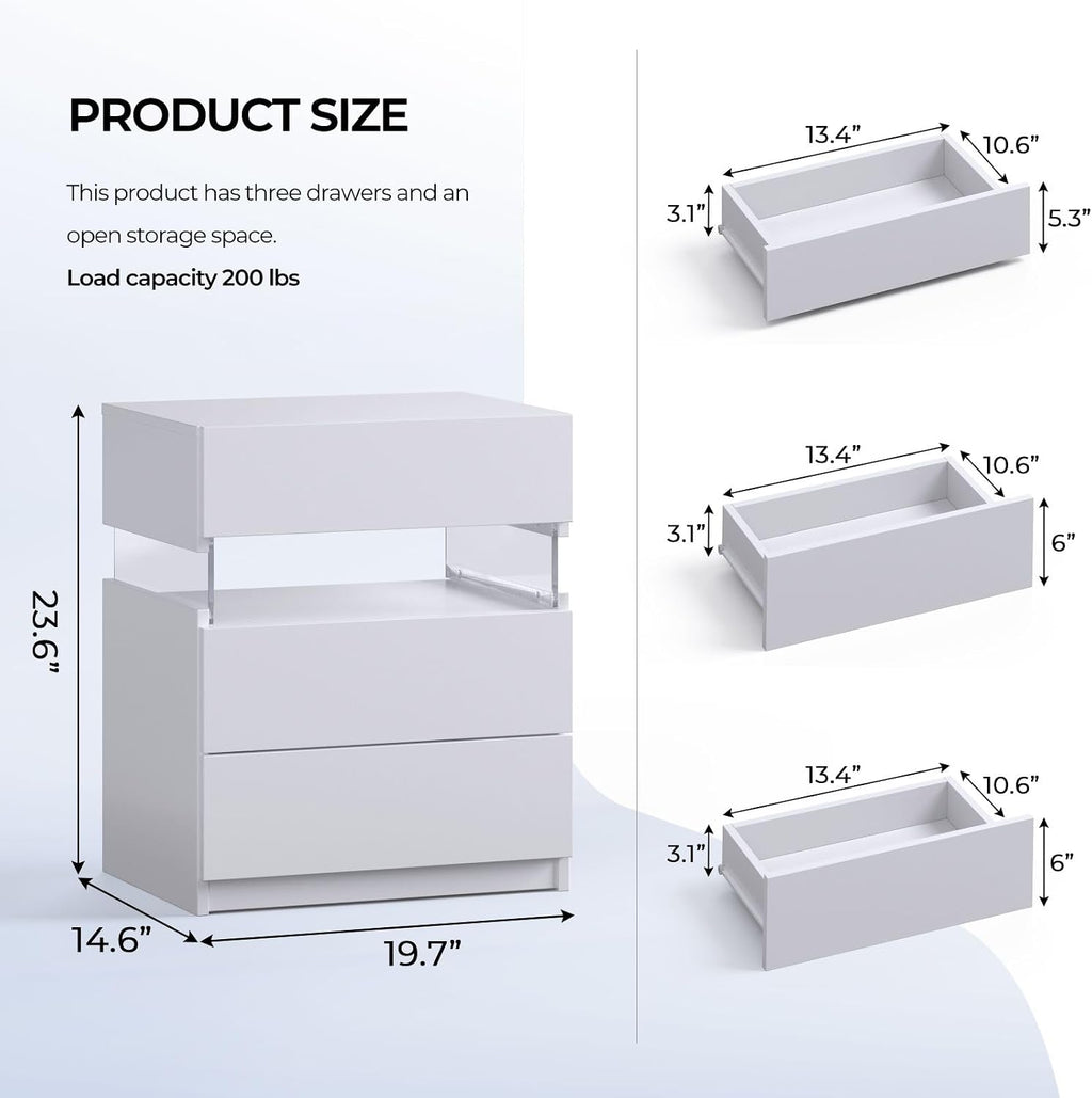 i-aplus White LED Nightstand Set of 2,Night Stand Set 2,Modern Night Stand with 3 Drawers,Night Stands for Bedroom Set of 2,Bedside Table Suitable for Small Spaces and Indoor use Capabilities