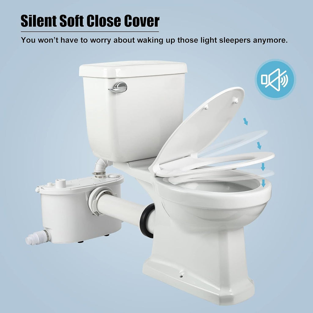 Macerating Toilet with 500W Pump, Two Piece Toilet with Extension Pipe,Elongated Bowl, Toilet Tank with Front Flush Valves, 3 Water Inlets Connect Full Bathroom, Sink, Toilet, Water Disposal