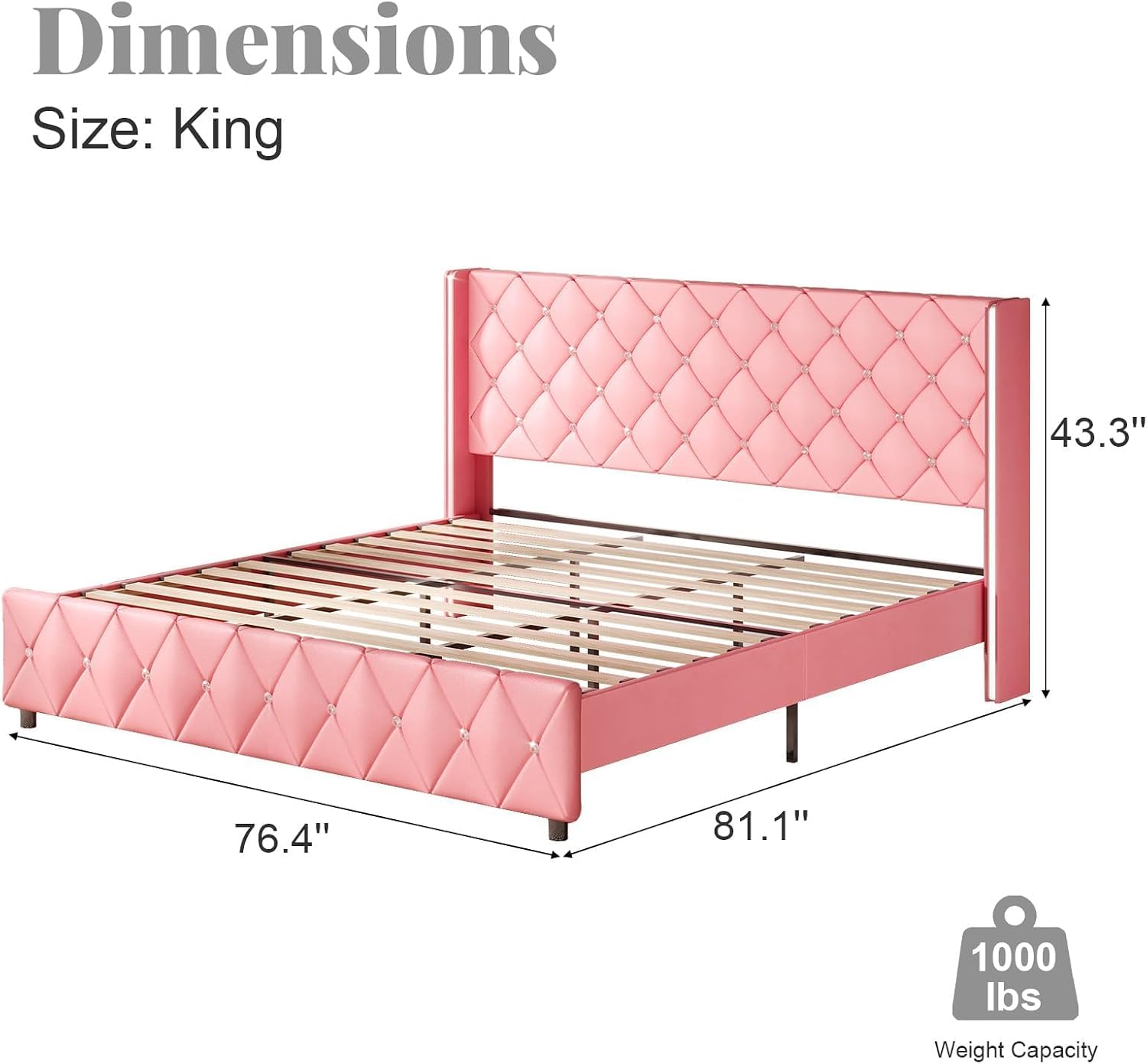 HOMBCK King Bed Frame and Headboard, Faux Leather Upholstered Bed with Wingback Design, Pink Bed Frame with Diamond, No Box Spring Needed, Easy Assembly, Pink