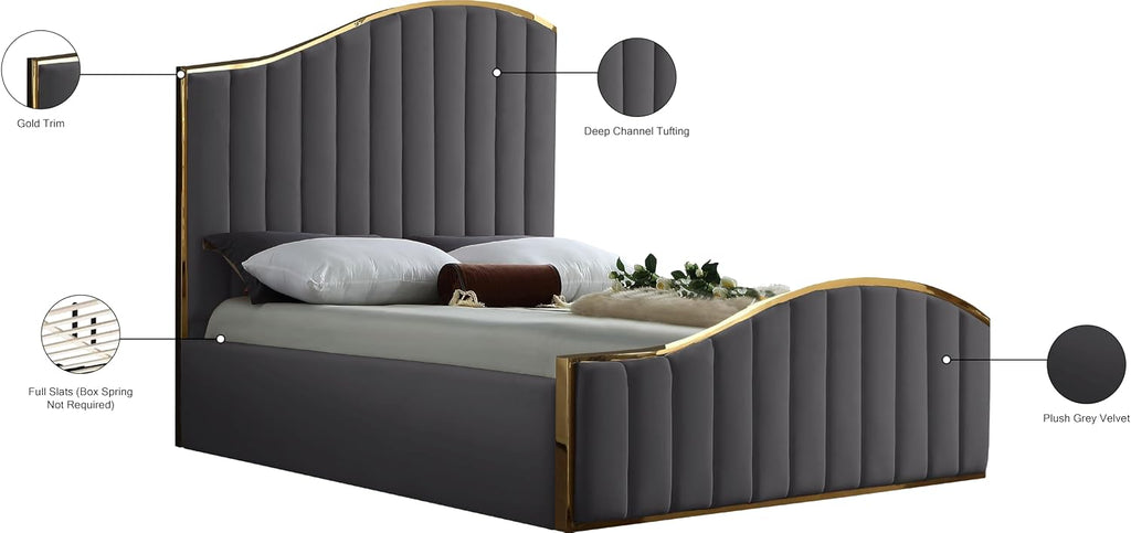 Meridian Furniture Jolie Collection Modern | Contemporary Velvet Upholstered Bed With Channel Tufting, And Polished Gold Metal Frame, Grey, Queen