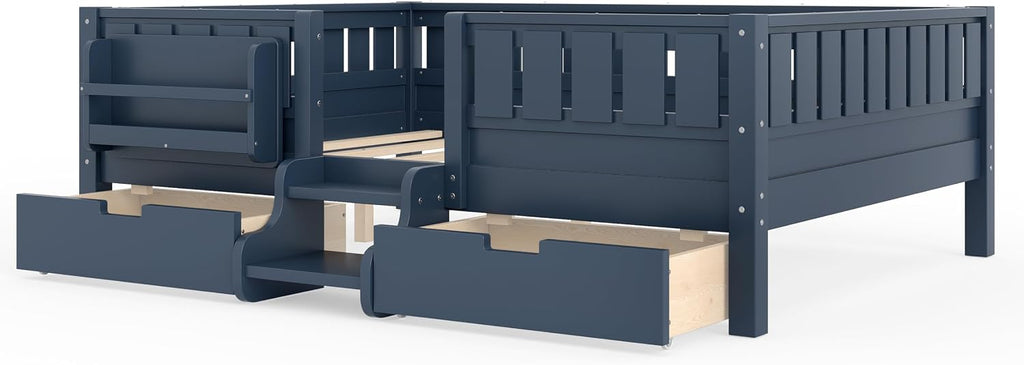 Bellemave Full Floor Bed with Stairs, Rails and Slats, Full Size Montessori Floor Bed with Bookshelf and 2 Storage Drawers, Easy Assemble Montessori Beds Frame for Girls, Boys, Blue