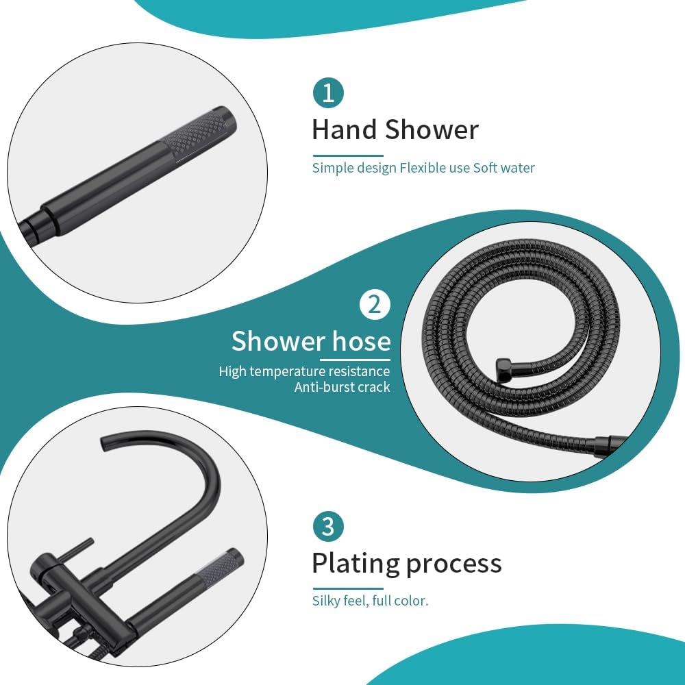 Floor Mount Bathtub Faucet, Freestanding Tub Filler, Standing Swivel Spout Shower Faucets Shower Mixer Taps with Cylinder Handheld Shower (Black, With Embedded Box)