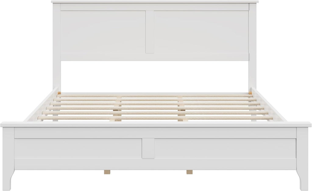 Queen Size Wood Bed Frame and Headboard, Modern Retro White Platform Beds Frames, Sturdy and Durable Design Rustic Wooden Bedroom Set, Easy Assembly, No Box Spring Needed (White, Queen)