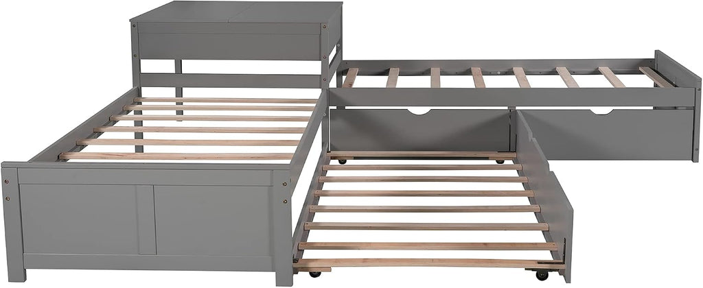 Merax Storage Daybed with Trundle, Twin Size L-Shaped Platform Bed with Convertible Trundle, Two Drawers and Built-in Desk for Living Room, Bedroom, Guest Room, No Box Spring Needed (Grey)