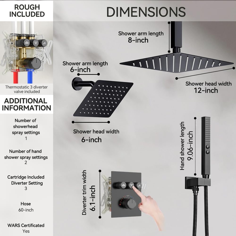 Thermostatic Shower System Matte Black Push Button Shower Faucet Set,12' Ceiling Rainfall and 6' Wall Mount Rain Shower with 2 in 1 Handhled, Can Use All at Once, Shower Set with Valve and Trim Kit