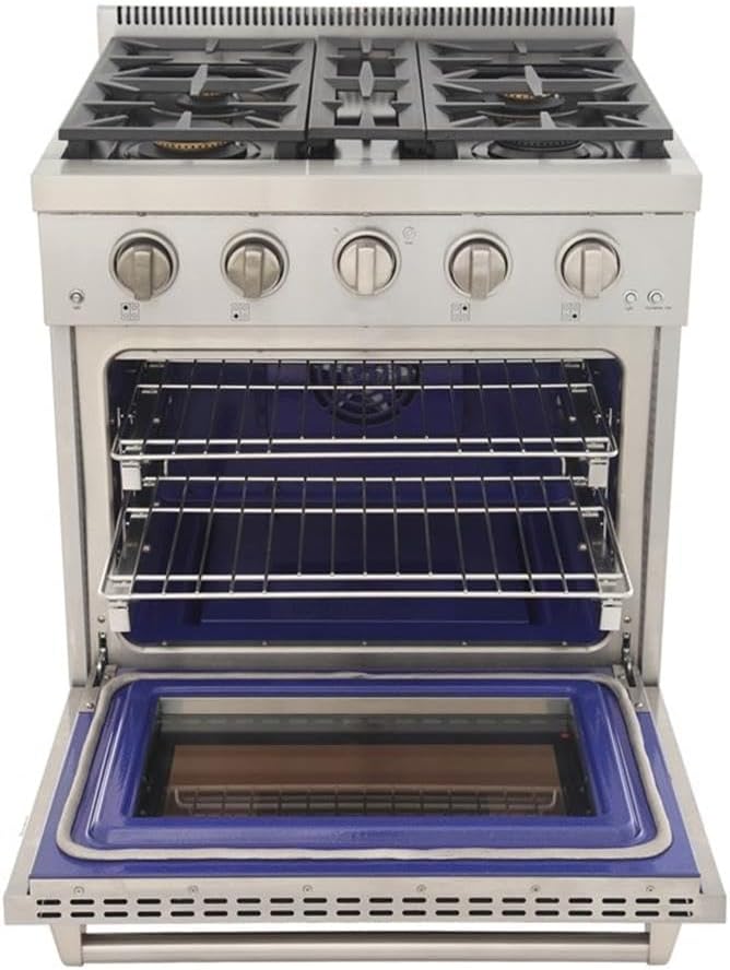 Pemberly Row 30' Natural Gas Range, Stainless Steel Finish, True Simmer Burners, 4-Burner Gas Stove, 21,000 BTU Rocket Power, Convection Oven, Infrared Broiler, Telescopic Shelves, Residential