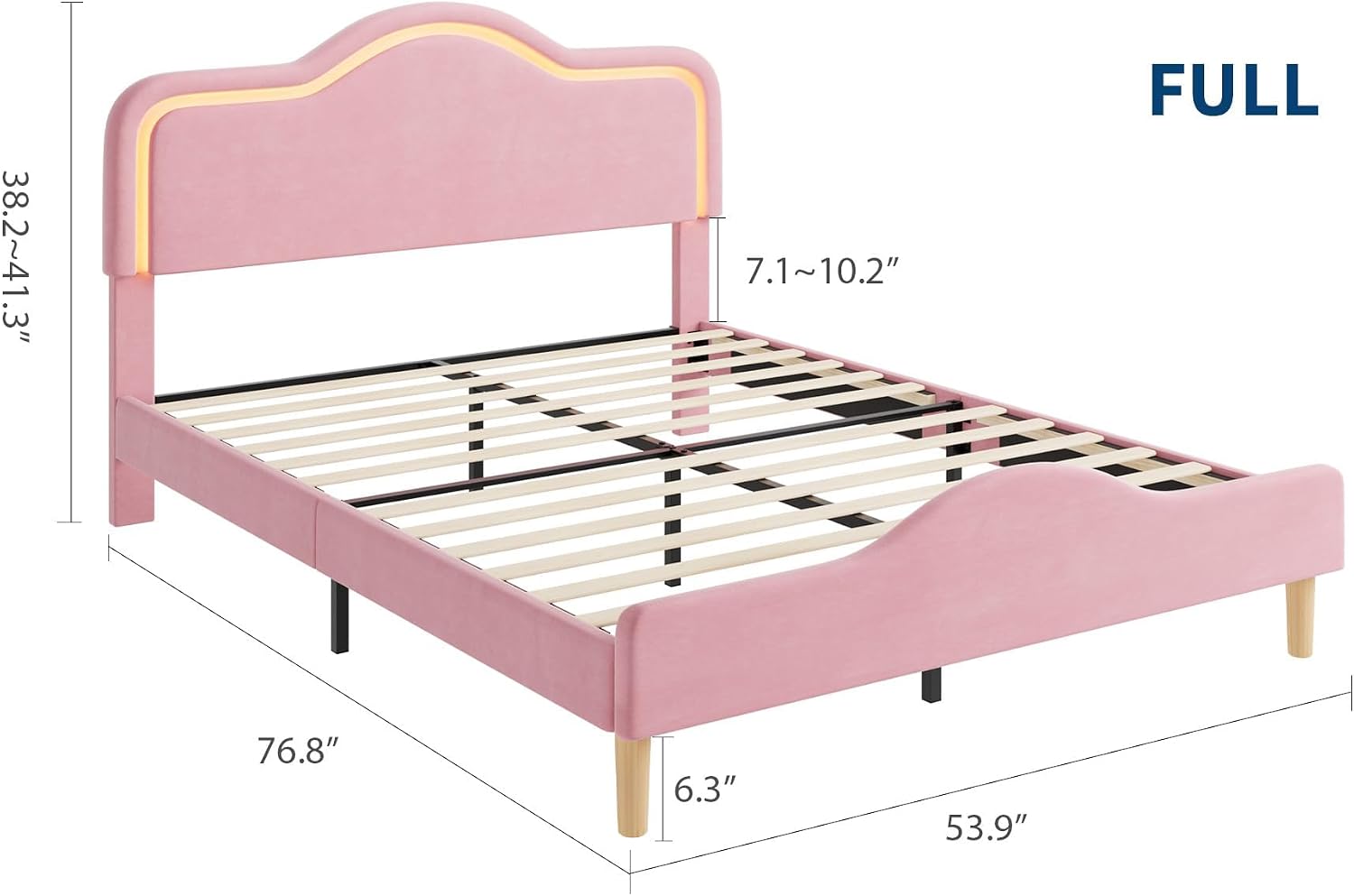 IDEALHOUSE Full Size Bed Frame with LED Lights, Velvet Upholstered Platform Bed with Adjustable Headboard for Kids/Girls, Wooden Slats Support, No Box Spring Needed, Pink