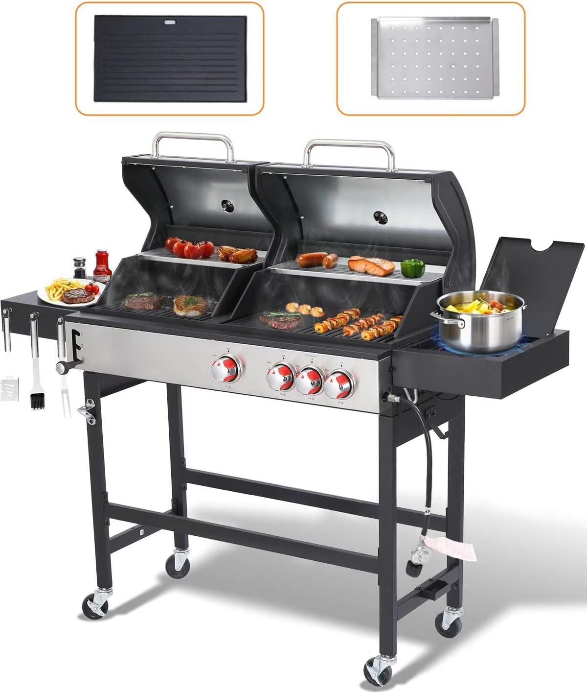 Propane Gas and Charcoal Grill Combo | Griddle Grill with Side Burner | BBQ Grills 2-in-1 | 41,500 BTU Output, 673 SQ IN Cooking Area Perfect for Outdoor Events & Backyard Barbecue