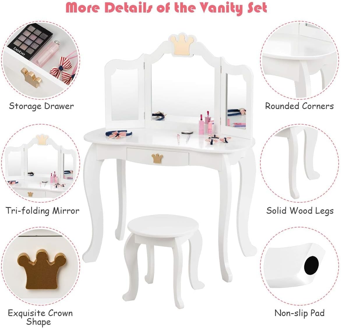 Costzon Kids Vanity & Jewelry Armoire Cabinet, Kids Makeup Vanity Table and Chair Set, 360° Swivel Standing Jewelry Organizer with Full-Length Mirror, Kids Bedroom Furniture Set for Girls (White)