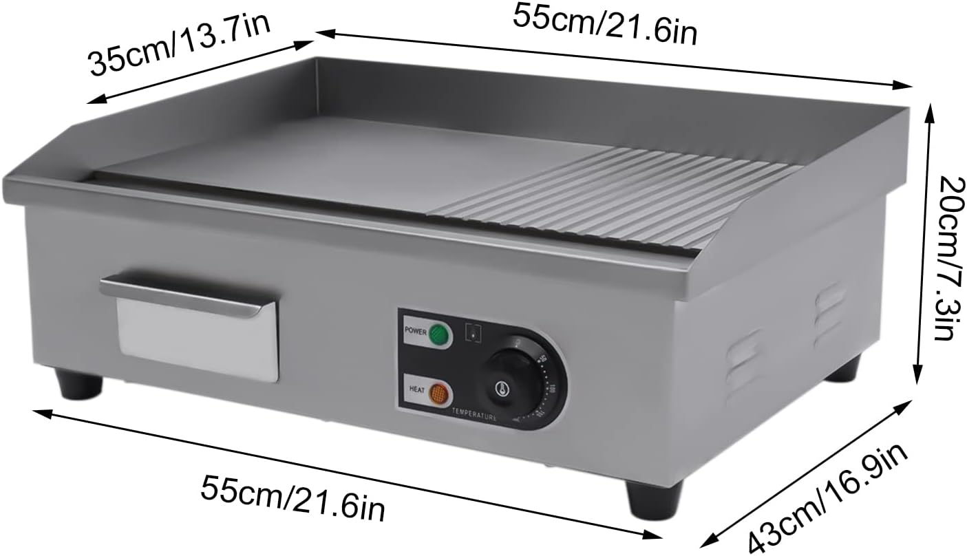 Teppanyaki,Commercial Griddle Electric Flat Top Grill,110v Electric Flat Top Griddle Non Stick With122~572℉ Adjustable Temperature Control,Stainless Steel Restaurant Teppanyaki Griddle