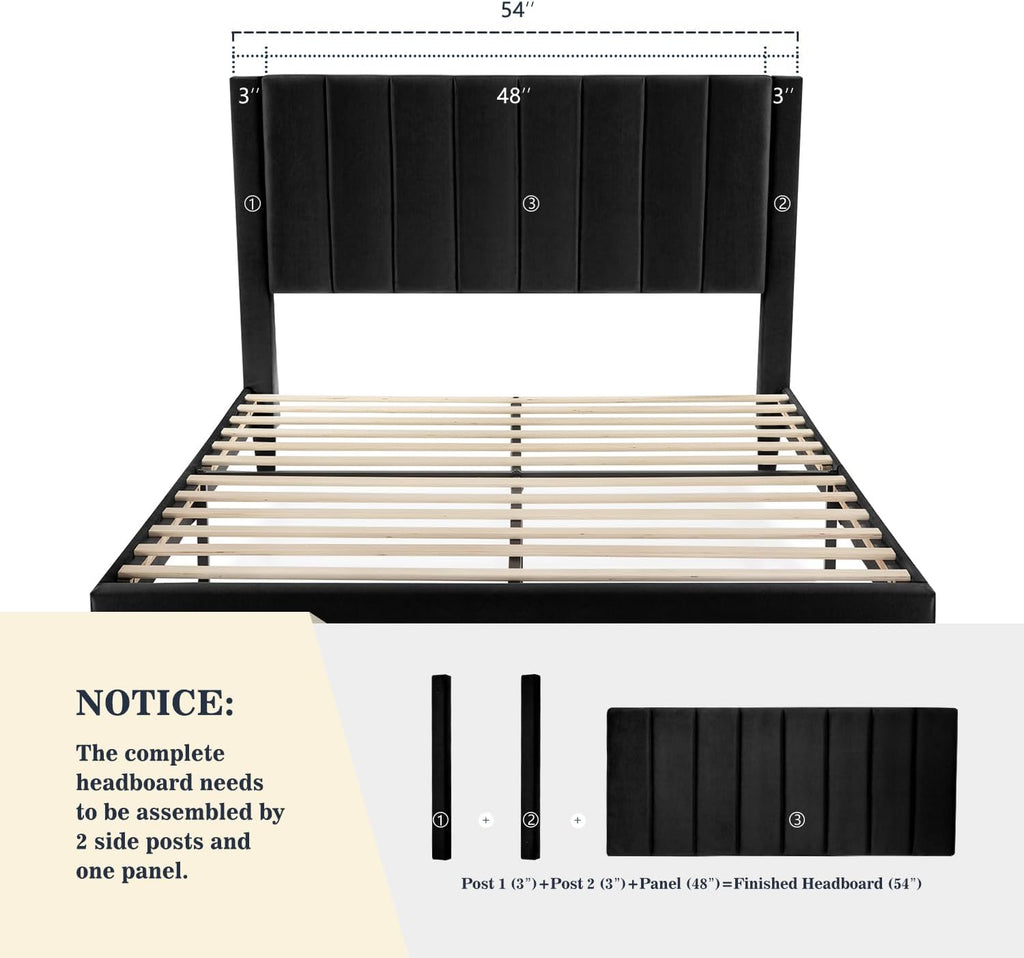 Allewie Full Bed Frame/Velvet Upholstered Bed Frame with Vertical Channel Tufted Headboard/Strong Wooden Slats/Platform Bed Frame/Mattress Foundation/Box Spring Optional/Easy Assembly/Black