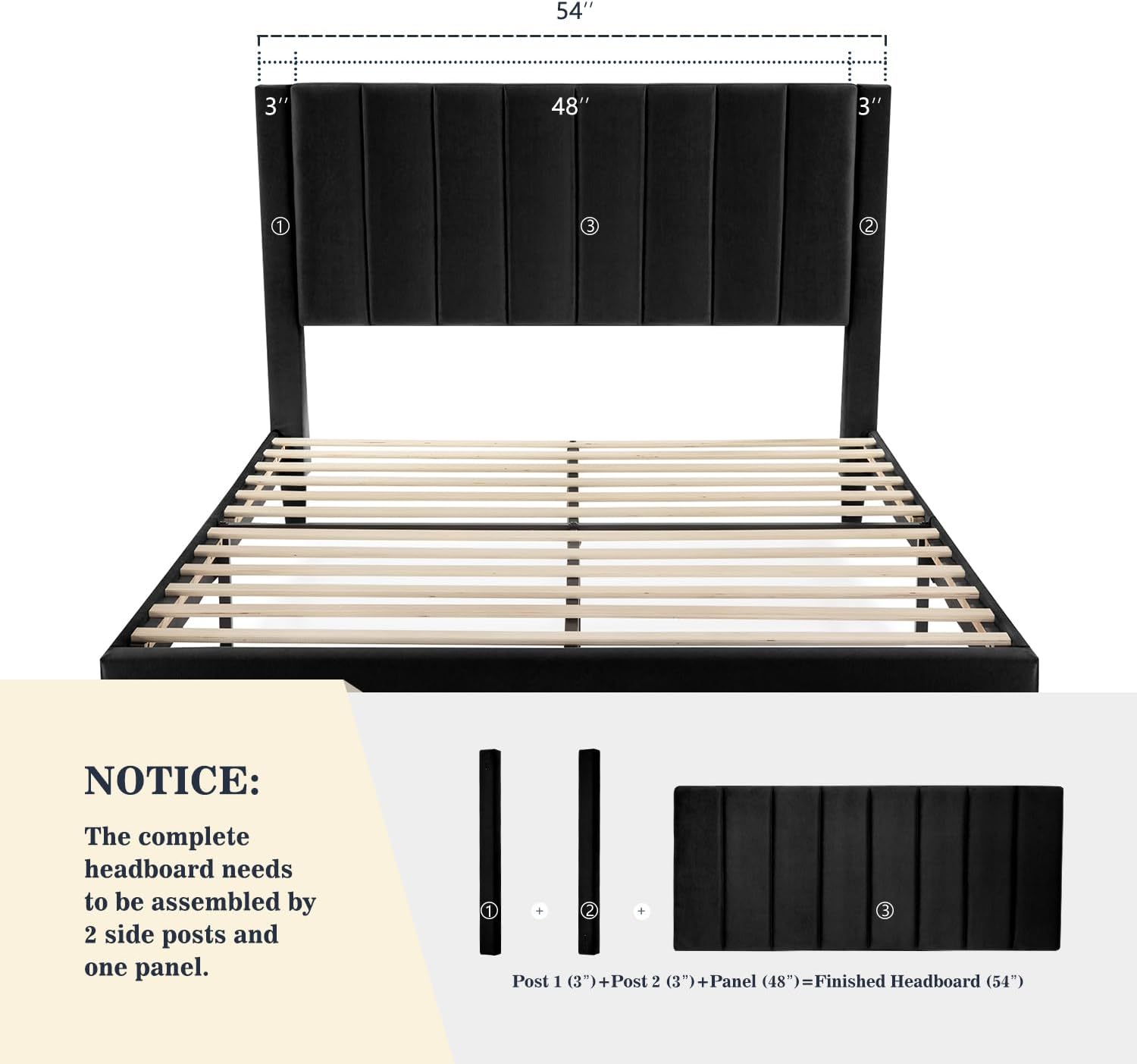 Allewie Full Bed Frame/Velvet Upholstered Bed Frame with Vertical Channel Tufted Headboard/Strong Wooden Slats/Platform Bed Frame/Mattress Foundation/Box Spring Optional/Easy Assembly/Black
