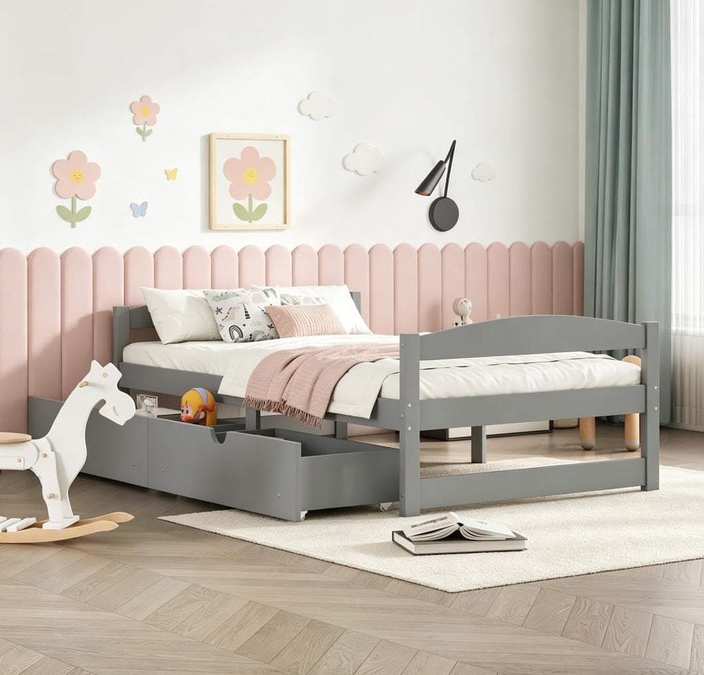 Bellemave Twin Kids Bed with Storage 2 Drawers and Headboard, Wood Twin Daybed with Storage, BedFrames for Kids, Adults, Gray