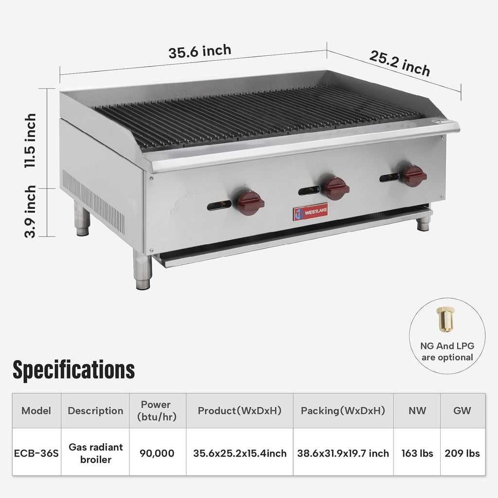 WESTLAKE 36'W Commercial Charbroiler Gas Countertop 3 Burner Natural Gas and Propane 90,000 BTU Char Broiler Stainless Steel BBQ Stove Grill for Restaurants