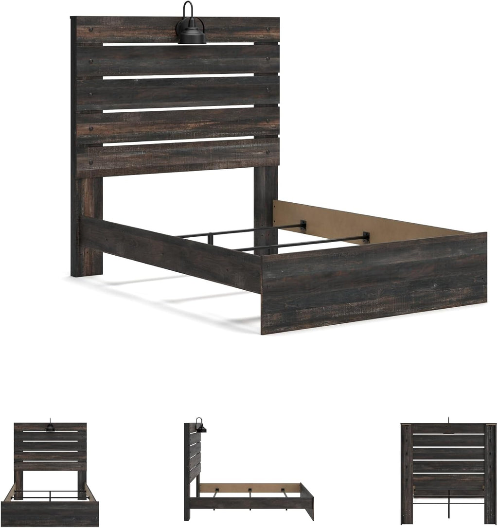 Signature Design by Ashley Drystan Rustic Full Panel Bed, Sconce LED Lights, USB Ports and Nailheads, Foundation or Box Spring Needed, Dark Brown & Gray
