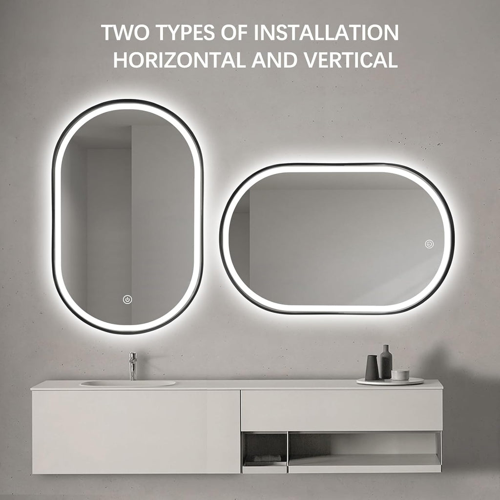 36'x24' Oval LED Bathroom Mirror with Lights, Black Lighted Vanity Mirror Wall Mounted, Anti Fog LED Oval Mirror with 3 Colors, Memory, ShatterProof, Front/Backlit, Horizontal/Vertical
