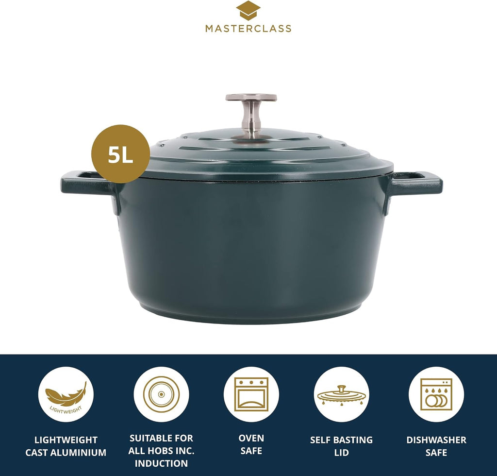 Master Class Large Casserole Dish with Lid, Lightweight Cast Aluminium, Induction Hob and Oven Safe, Hunter Green Colour, 5 Litre/28 cm