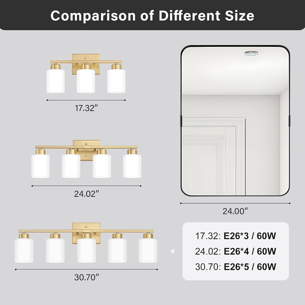 FonmYim Gold Bathroom Light Fixtures, 5-Light Modern Vanity Light Over Mirror, Wall Sconces with Milky White Frosted Glass Shades, E26 Socket (Bulbs Not Included)