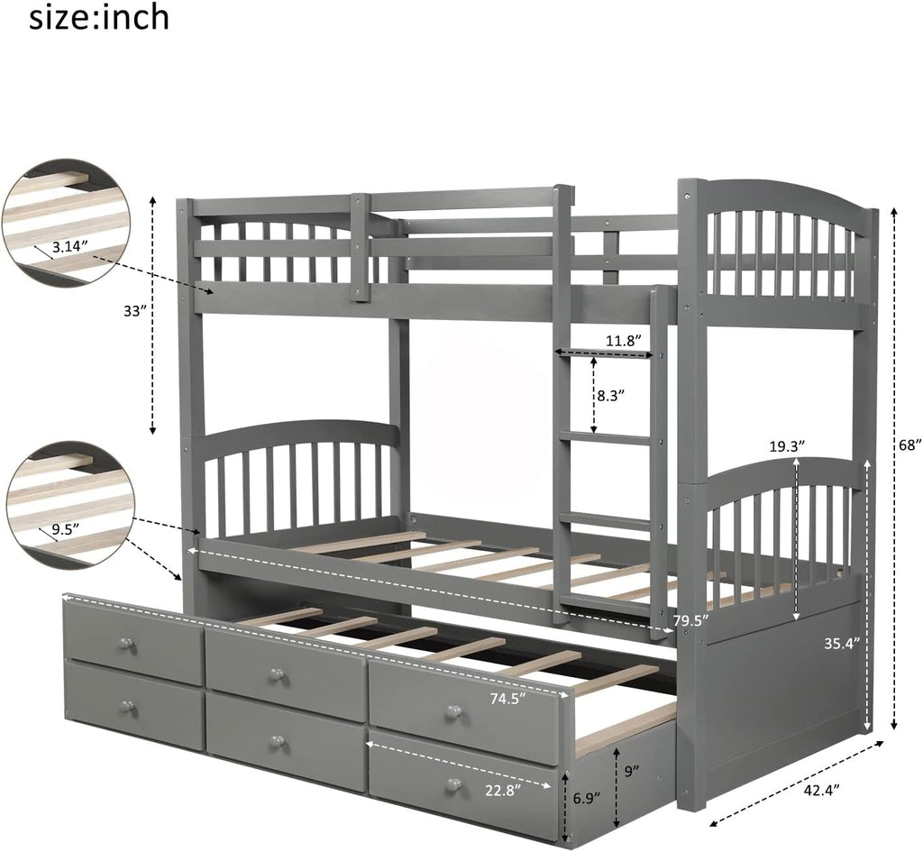 Harper&Bright Designs Twin Over Twin Bunk Bed with Twin Trundle Bed, 3 Storage Drawers, Safety Rail, and Ladder for Bedroom, Guest Room Furniture, Grey