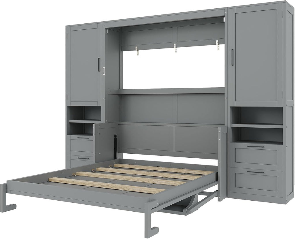 Merax Queen Size Murphy Bed with Desk, Multifunctional Foldable Wall Bed with Closet, Drawers and Shelves, Space-Saving Wood Platform Bed Frame for Small Spaces Studio Study Office Guest Room, Gray