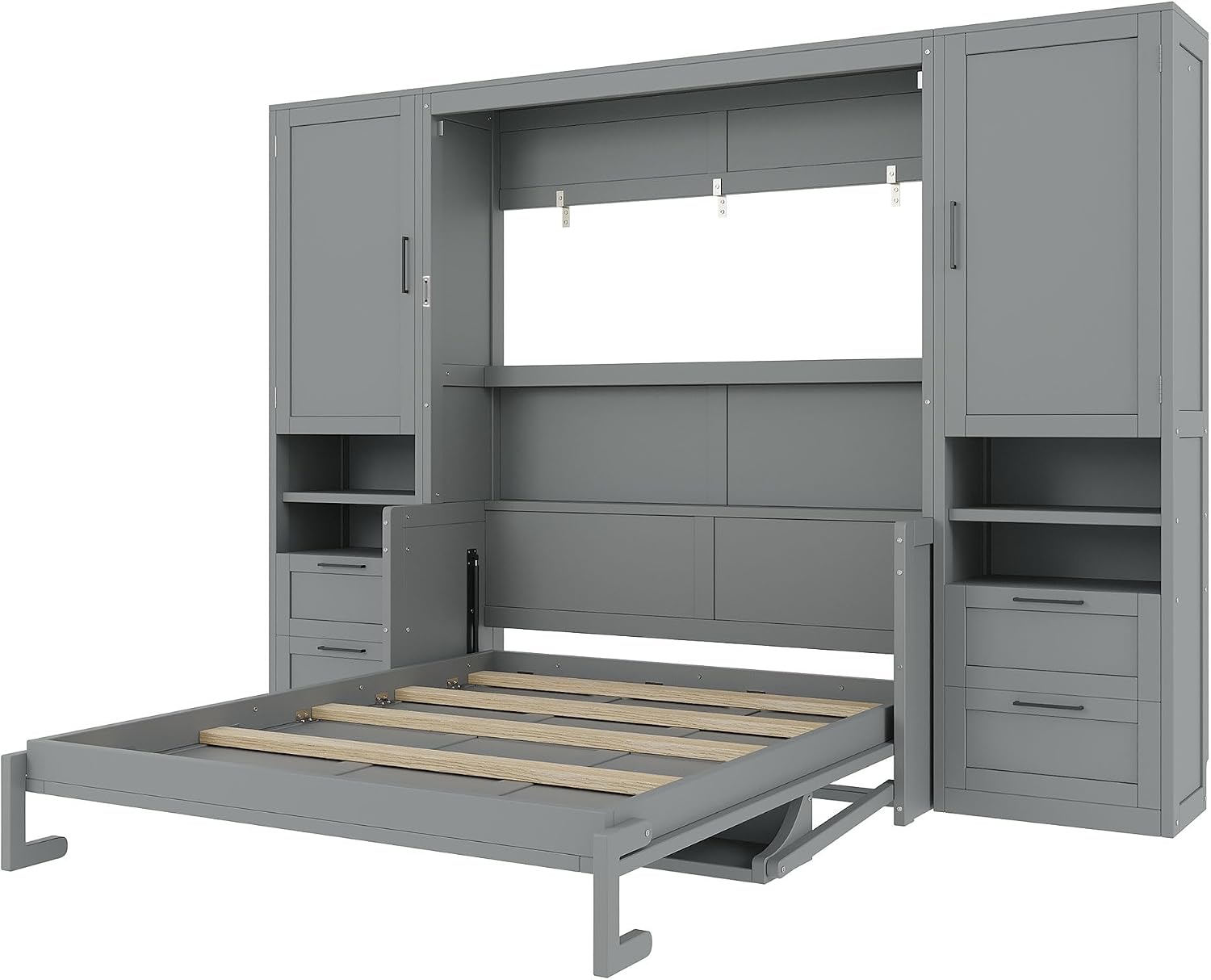 Merax Queen Size Murphy Bed with Desk, Multifunctional Foldable Wall Bed with Closet, Drawers and Shelves, Space-Saving Wood Platform Bed Frame for Small Spaces Studio Study Office Guest Room, Gray