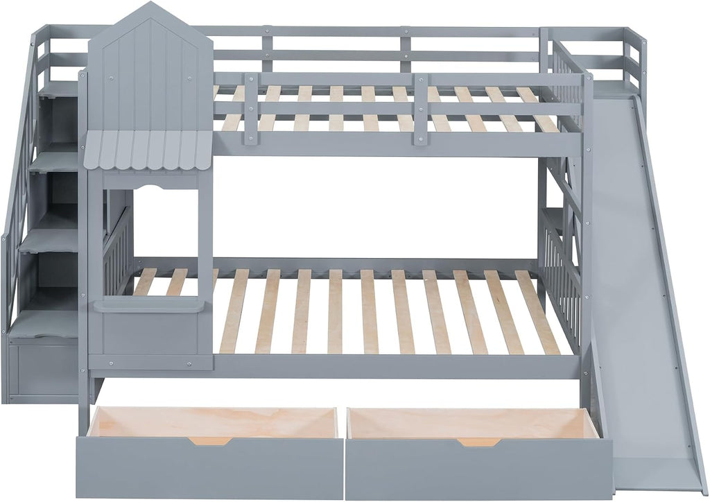 Harper & Bright Designs Full Over Full Bunk Bed with Stairs and Slide, Solid Wood Bunk Bed Frame with Storage Drawers and Bookshelves, for Kids Teens Adults- Gray