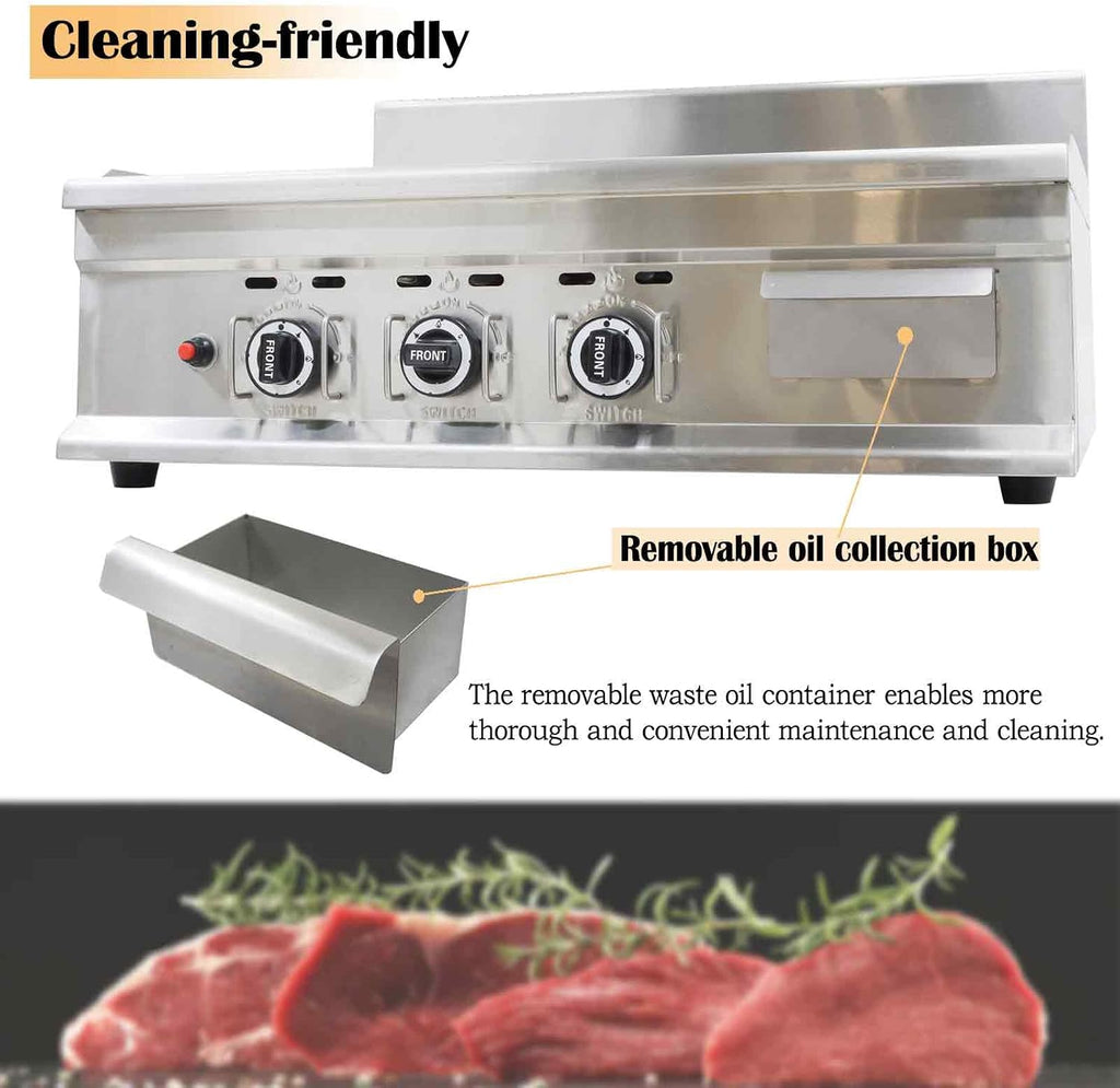Commercial Stainless Steel LPG Gas Griddle Grill, 35.6' x 21.7' Flat Top Countertop Griddle for Steak, Pancakes & Teppanyaki, 2800Pa, Home & Outdoor Use