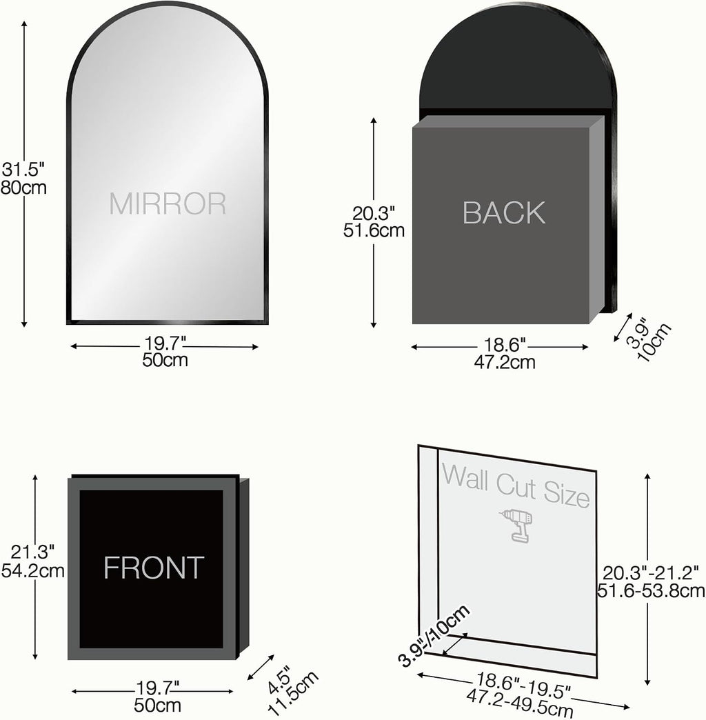Arched Medicine Cabinet Mirror No Assembly Needed Bathroom Mirror with Storage Recessed or Surface Mount Options (Black, 31.5' L x 19.7' W)