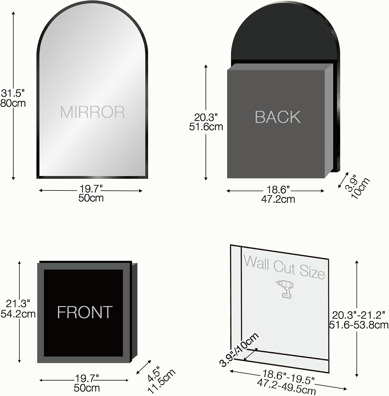 Arched Medicine Cabinet Mirror No Assembly Needed Bathroom Mirror with Storage Recessed or Surface Mount Options (Black, 31.5' L x 19.7' W)