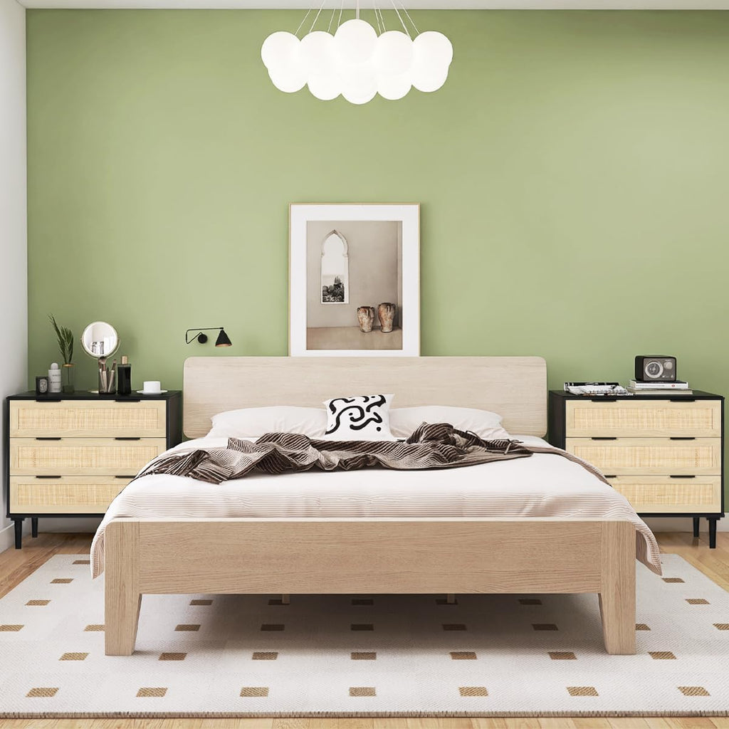 HOPUBUY Large Nightstand with Rattan Drawer, Modern 3 Drawer Night Stand for Bedroom, Wooden Bedside Table for Queen Size and King Size Bed, Black