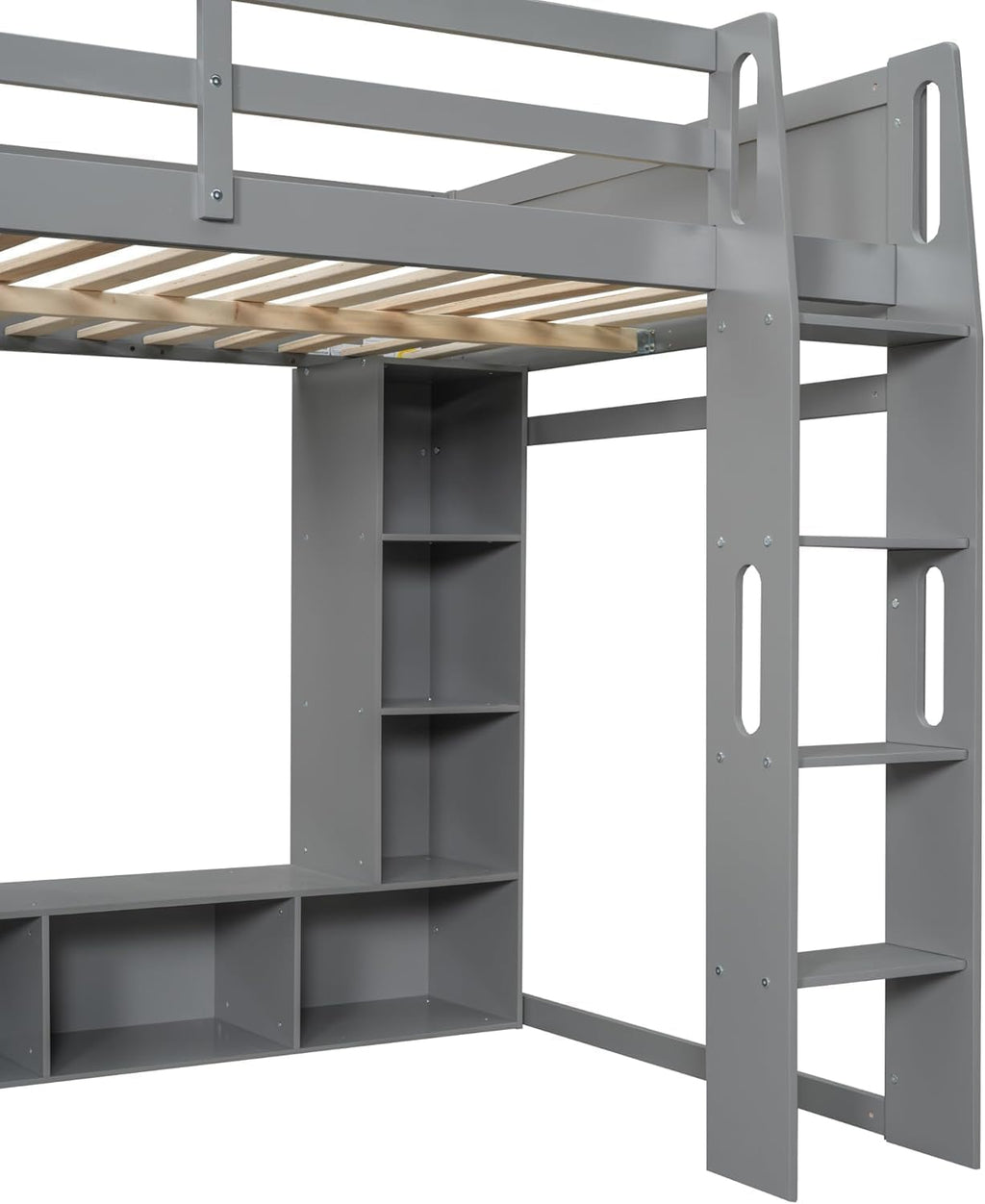 MERITLINE Full Gaming Loft Bed with Desk and Storage,TV Stand & LED RGB, Solid Wood Gaming Bed with Storage Shelves,TV Cabinet and Clothes Rack, for Adults Teens (Grey,Full)