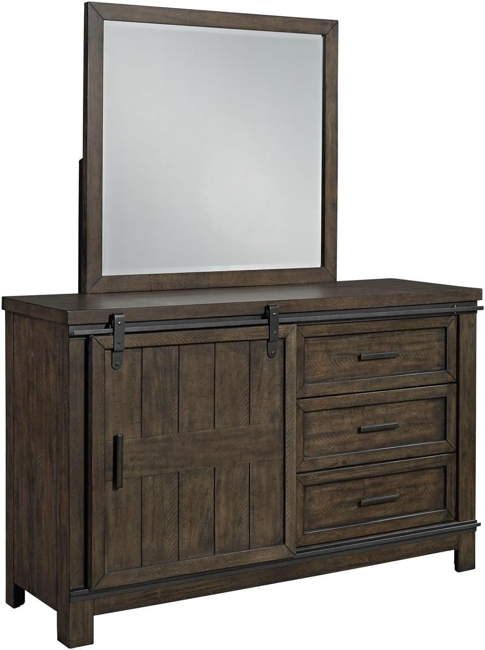 Liberty Furniture Thornwood Hills Full Bookcase Bed, Dresser & Mirror Rustic Youth Bedroom Set - Rock Beaten Brown with Saw Cuts