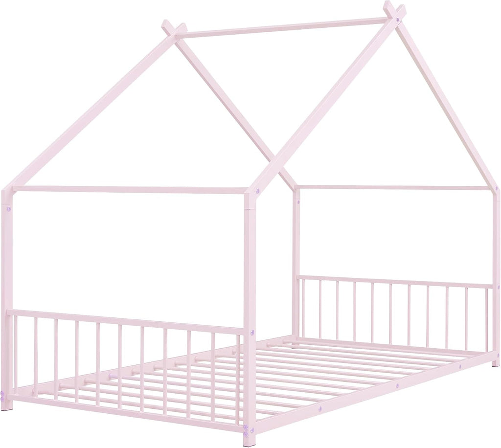 Bellemave Twin Floor BedFrame with Slats for Kids, Metal Montessori Floor Beds, Twin House Bed for Kids, Pink with roof