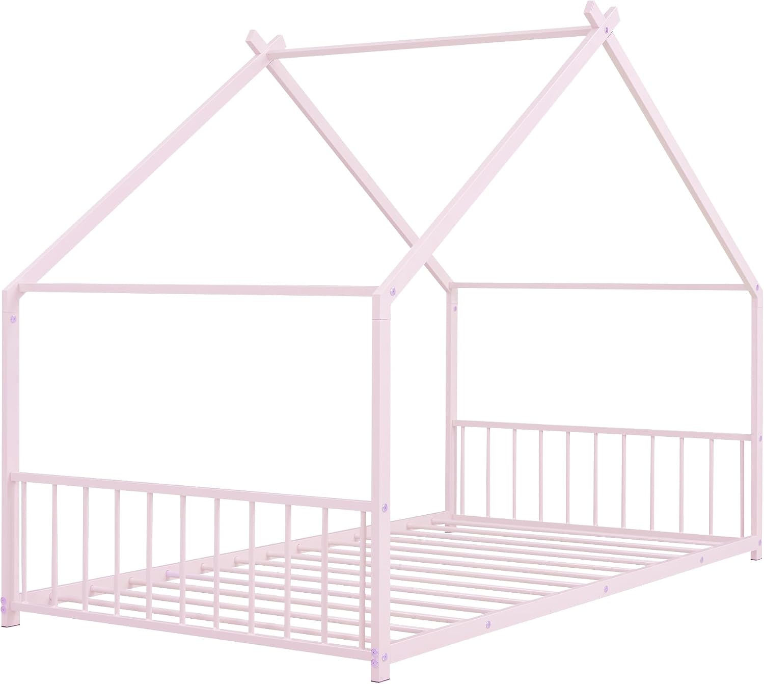 Bellemave Twin Floor BedFrame with Slats for Kids, Metal Montessori Floor Beds, Twin House Bed for Kids, Pink with roof