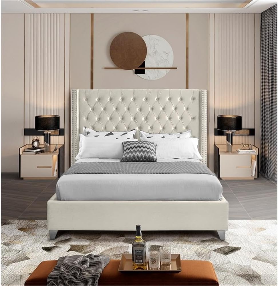 Meridian Furniture Aiden Collection Modern | Contemporary Velvet Upholstered Bed with Deep Button Tufting, Solid Wood Frame, and Custom Chrome Legs, Queen, Cream