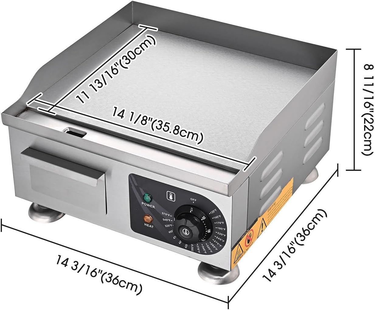 Electric Countertop Griddle 14 inch 1800W Commercial Electric Griddle Adjustable Temperature 120℉-575℉ Flat Top Restaurant Grill Non-Stick Flat (14 inch)