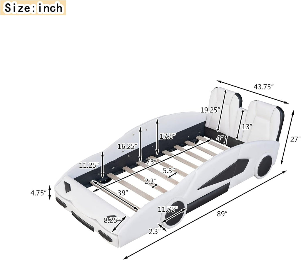 Merax Kids Twin Upholstered Day Bed Frame for Boys Girls, PU Leather Platform Bed with Race Car-Shaped Frame, No Box Spring Needed, White