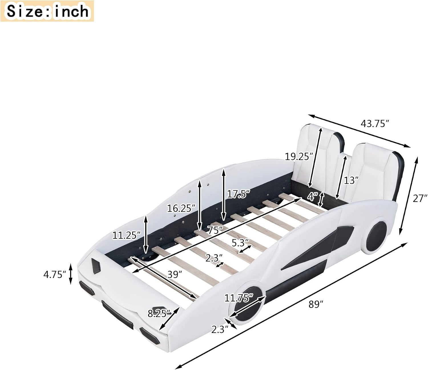 Merax Kids Twin Upholstered Day Bed Frame for Boys Girls, PU Leather Platform Bed with Race Car-Shaped Frame, No Box Spring Needed, White