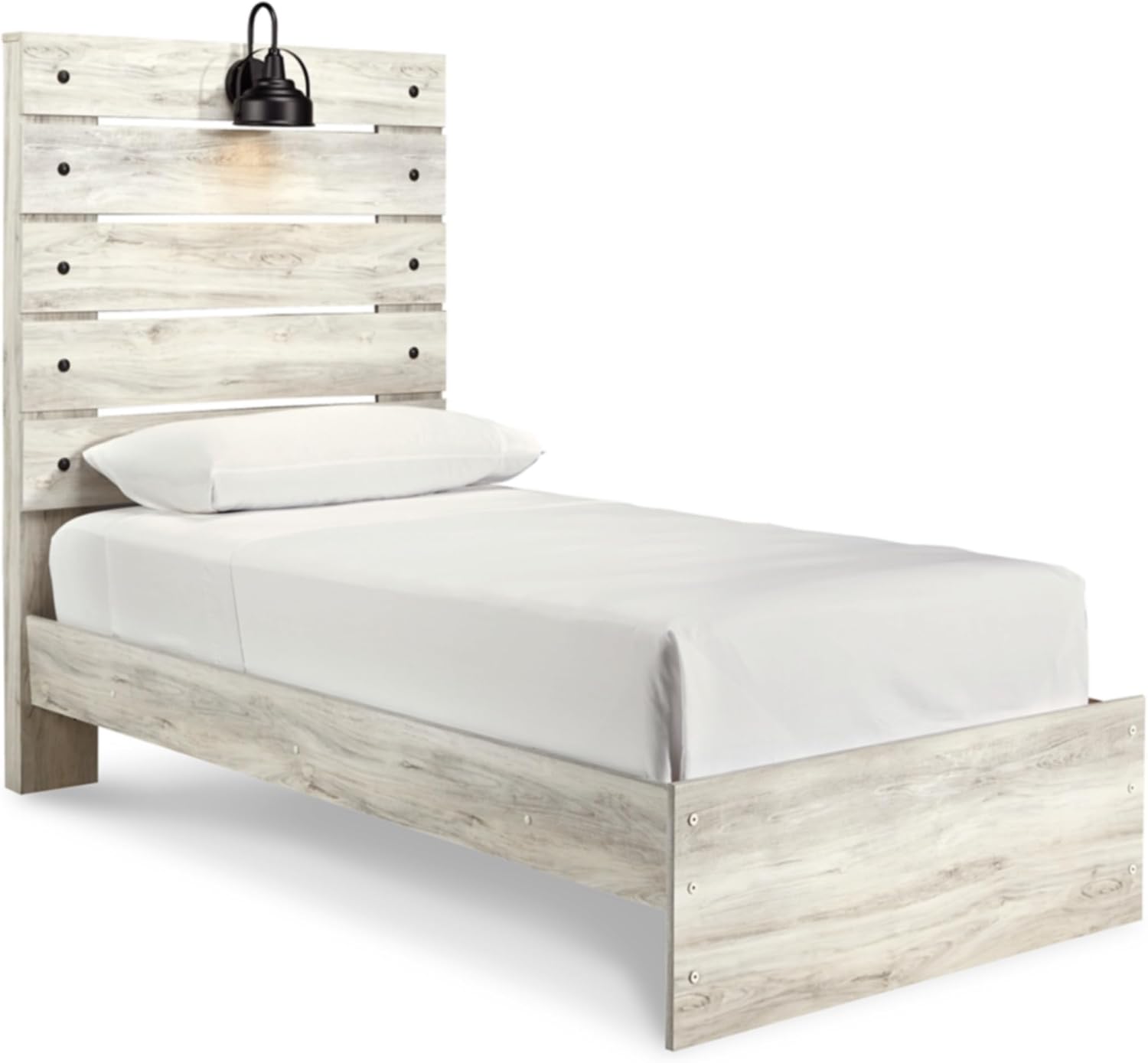 Signature Design by Ashley Cambeck Farmhouse Twin Panel Bed with Sconce Light and USB Ports, Foundation or Box Spring Needed, Whitewash