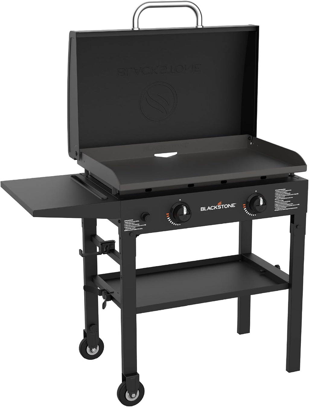 Blackstone Flat Top Gas Grill Griddle 2 Burner Propane Fuelled Rear Grease Management System with hood, Hood, Powder Coated Black, 1517