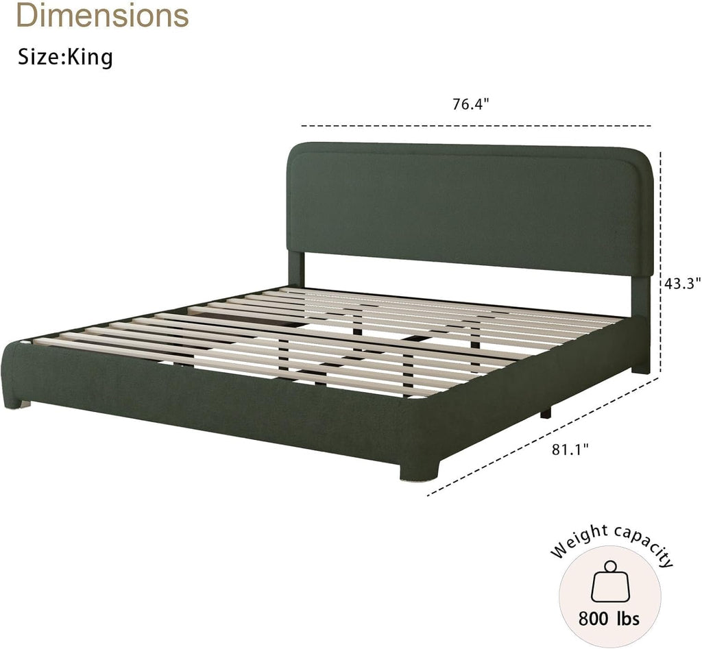 BarnFurin King Size Boucle Bed Frame and Headboard, Cloud Upholstered Platform Bed Frame, Soft Rounded Corners, No Box Spring Required, Non-Slip and Noise-Free, Easy Assembly, Green