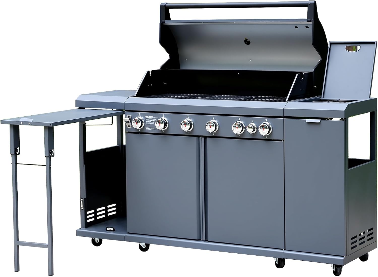 Flintex 6-Burner Propane Gas Kitchen Grill Island with Side Burner,72,000 BTU Stainless Steel BBQ Outdoor Griddle Grill Combo with LPG/NG Convertible and Storage Cabinets & Fold-out Table, Gray