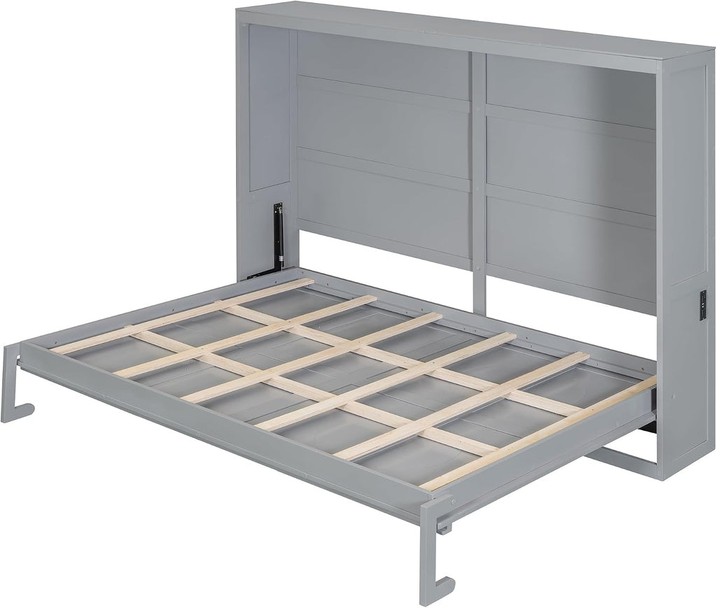 Harper & Bright Designs Queen Size Murphy Bed, Wooden Queen Murphy Wall Bed Frame with a Set of Sockets & USB Ports, Gray