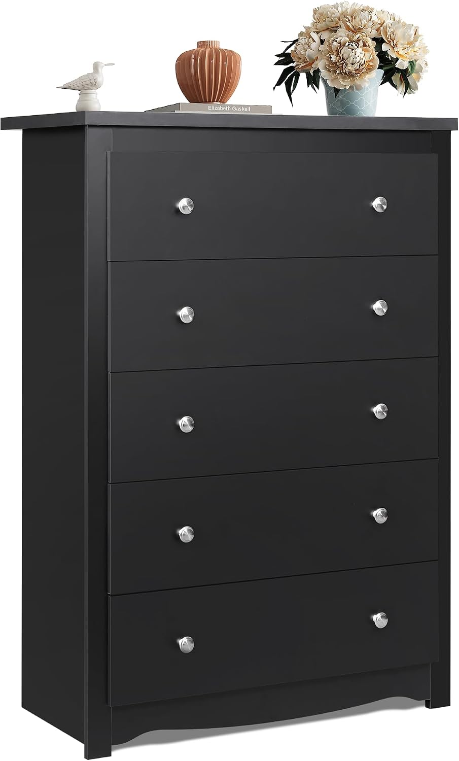 WLIVE Wooden Dresser with 5 Drawers, 45' Tall Black Dresser for Bedroom, Chest of Drawers, Storage Cabinet and Organizer Drawers for Living Room, Hallway, Closet