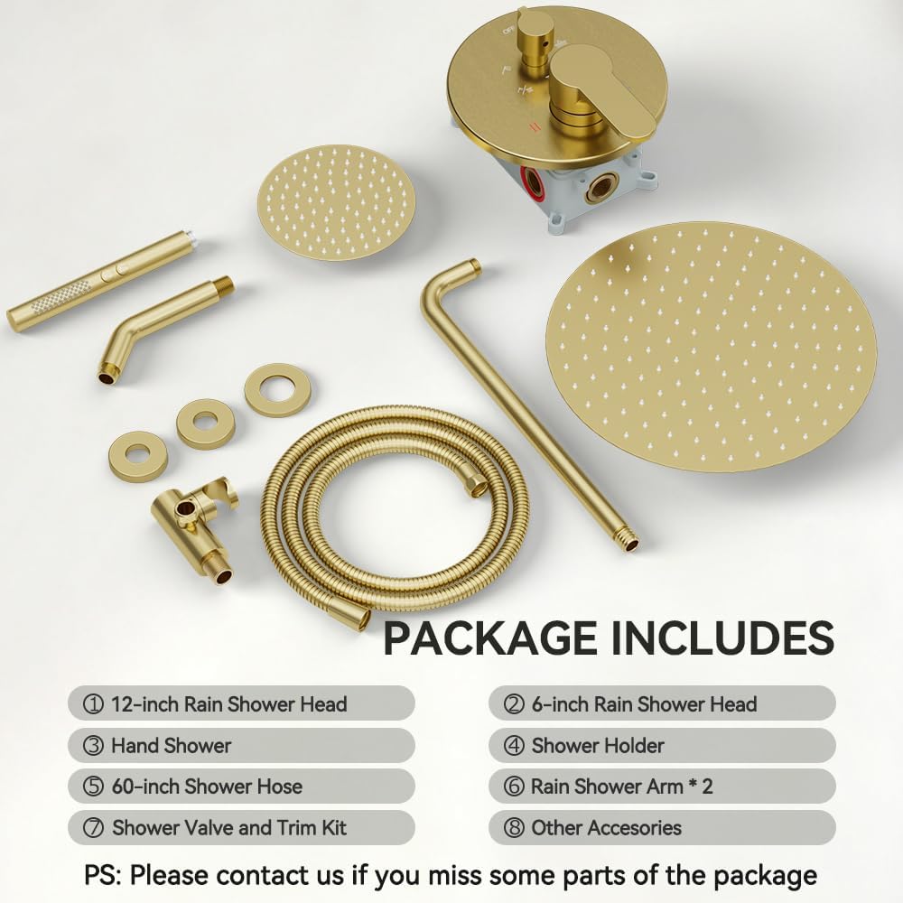 Shower Systems STARBATH 12+6' Round Dual Rainfall Shower Head with Handheld Spray for Two People, Wall Mounted 3 Way Rain Shower Faucet Sets Complete, Included Valve and Trim Kit, Brushed Gold
